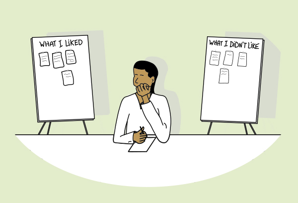 Illustration of a person with a flip chart either side of them