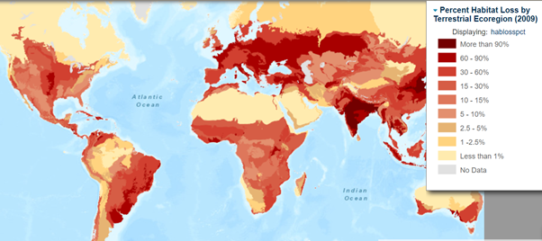 Map of the world coloured to show percent habitat loss, from less than 1% to over 90%