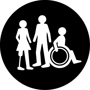 three figures, one with one leg, one  standing, one in wheelchair