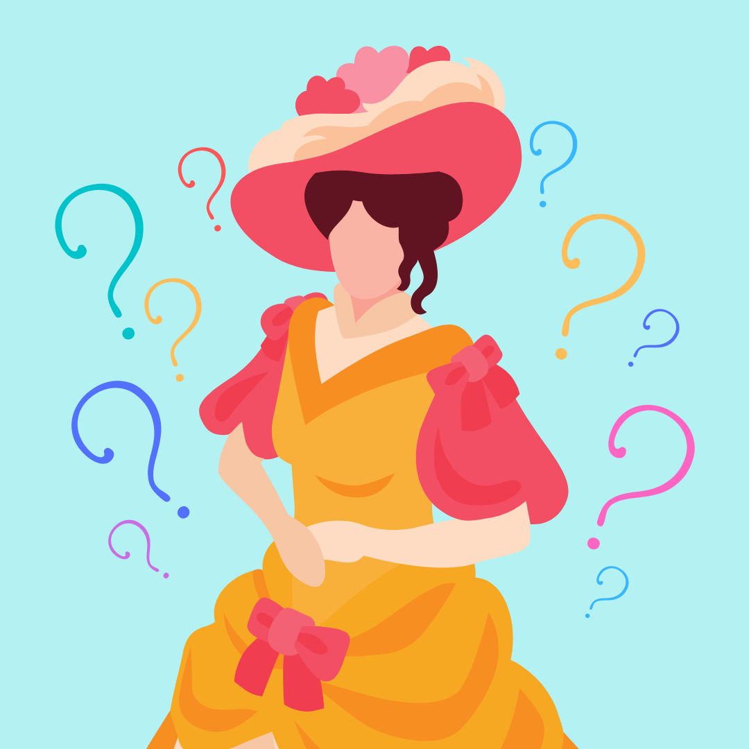 A colourful illustration of a Victorian lady surrounded by question marks in different colours against a blue background