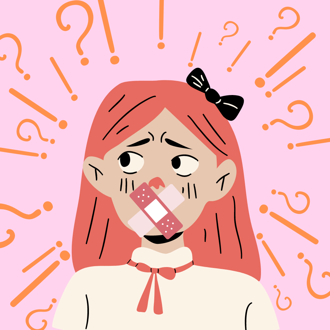 Illustration of a frightened girl with plasters over her mouth surrounded by orange question marks on a mauve background