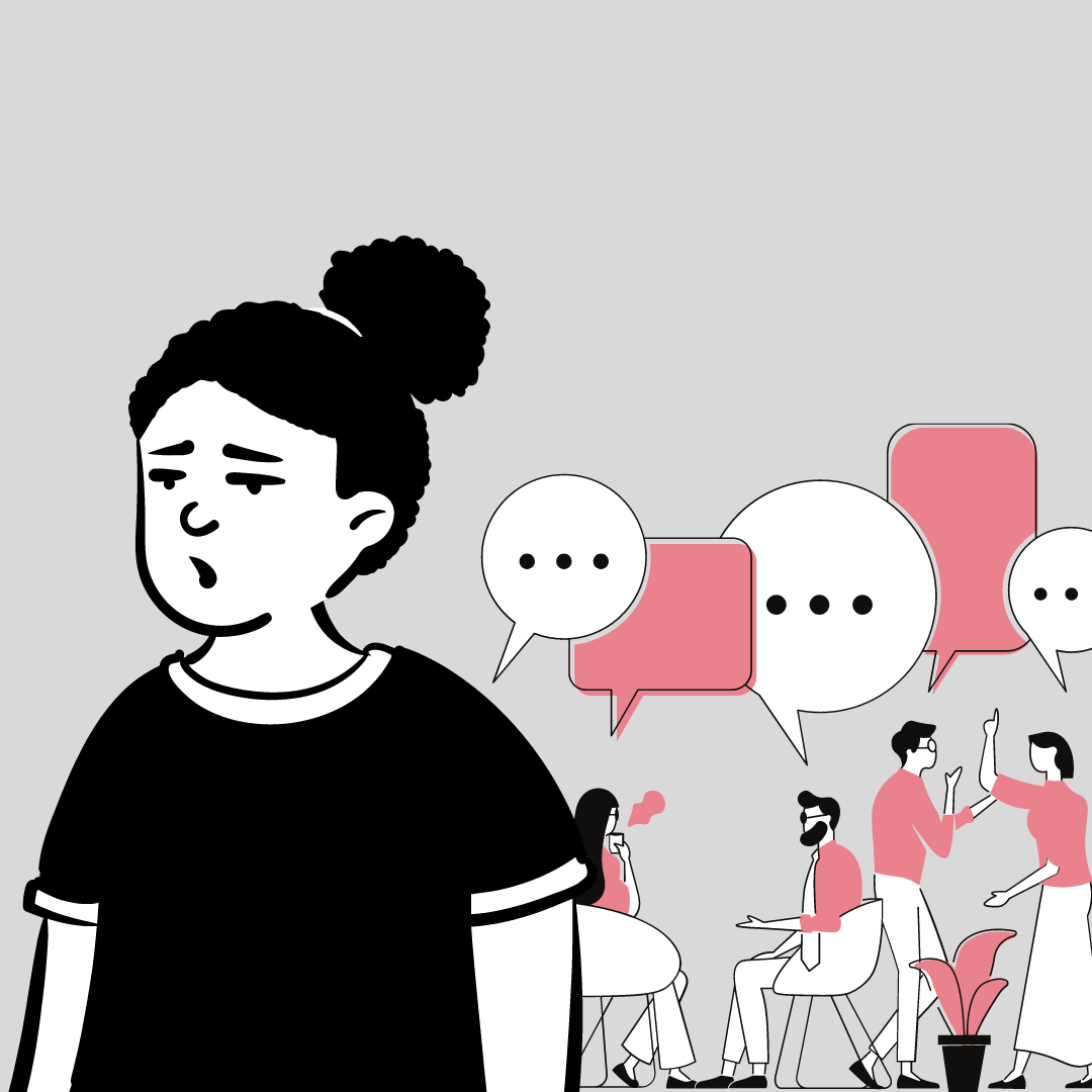 Illustration of a troubled girl in black and white while pink and white people talk behind her against a grey background