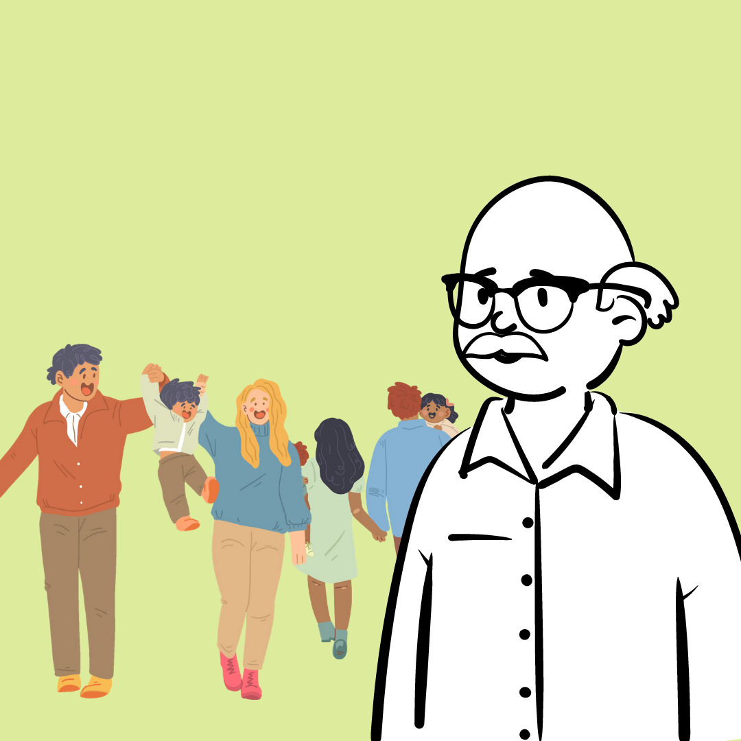 Black and white illustration of an older man with colourful families behind him against a light green background