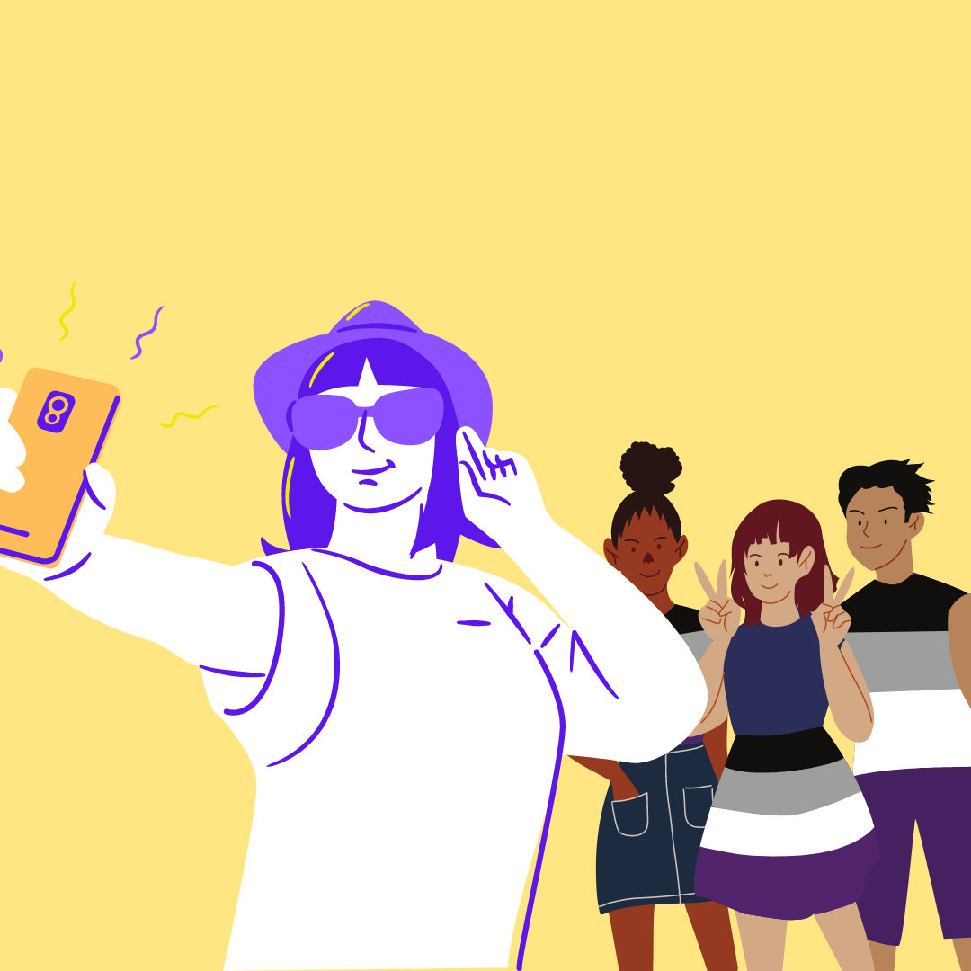 An illustration of a girl in purple taking a selfie with her phone. Her friends are behind her against a yellow background