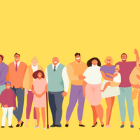 A colourful illustration of a number of happy people of different ages and races against a yellow background