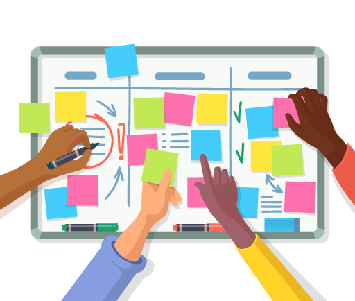 Dessin d'un tableau d'affichage sur lequel des mains de toutes les couleurs postent des nots collantes.