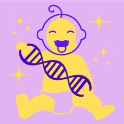 Illustration of a gold and purple baby holding a purple DNA strand against a mauve background