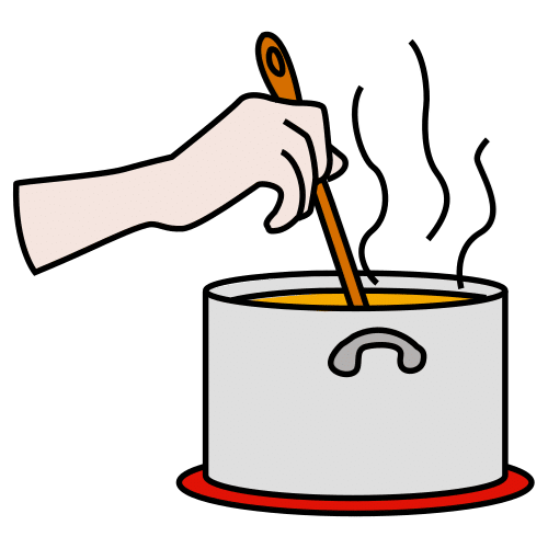 Une main remue à la cuillère le contenu d'une casserole
