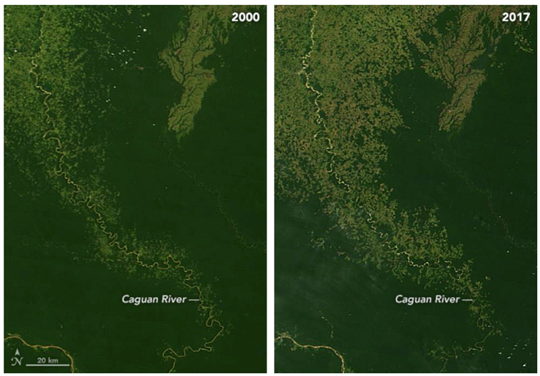 Satelite photo showing same area in 2000 and 2017 with increased crop area in later photo