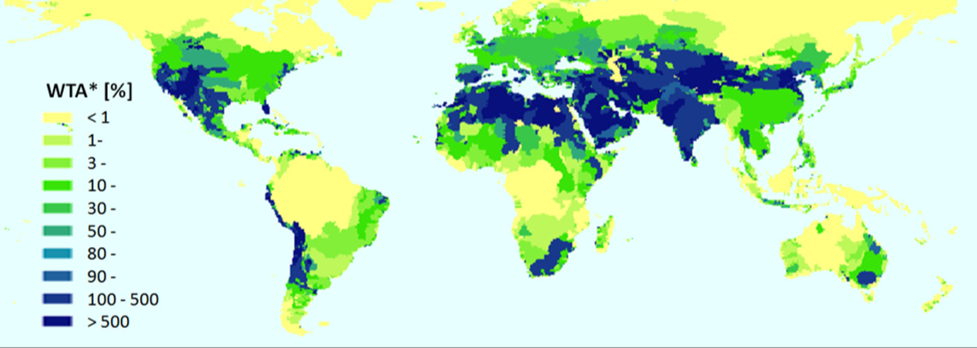 World map with countries coloured according to water scarcity factor