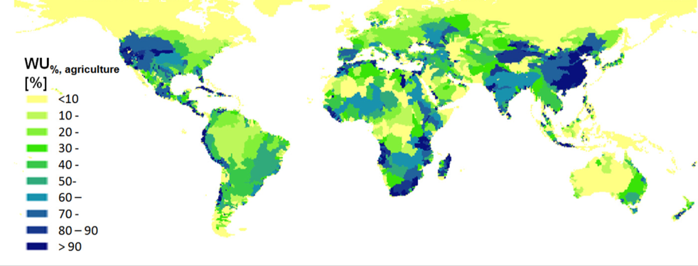 World map with countries colored according to water use for agriculture