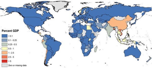 World map with countries shaded according to percent contribution of aquaculture to GDP