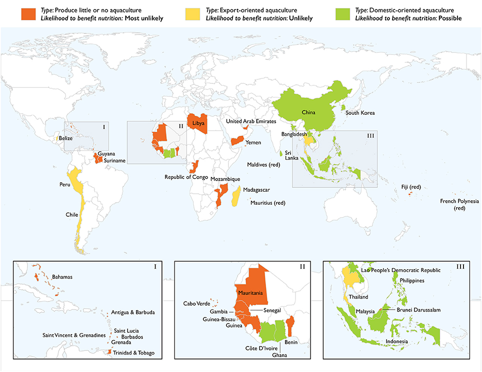 World map with selected countries coloured to indicate whether aquaculture is domestically or export oriented