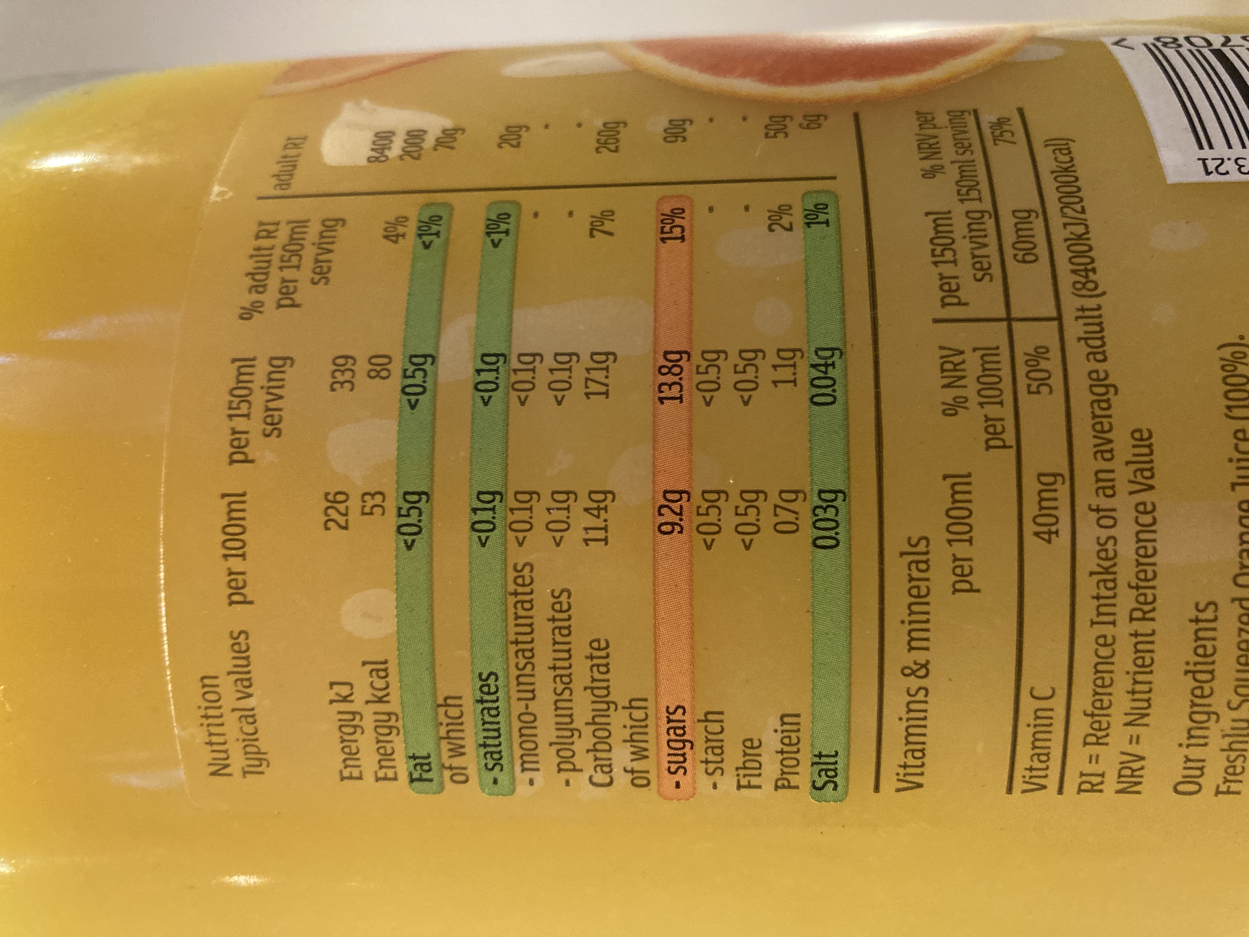 Orange juice nutrition label