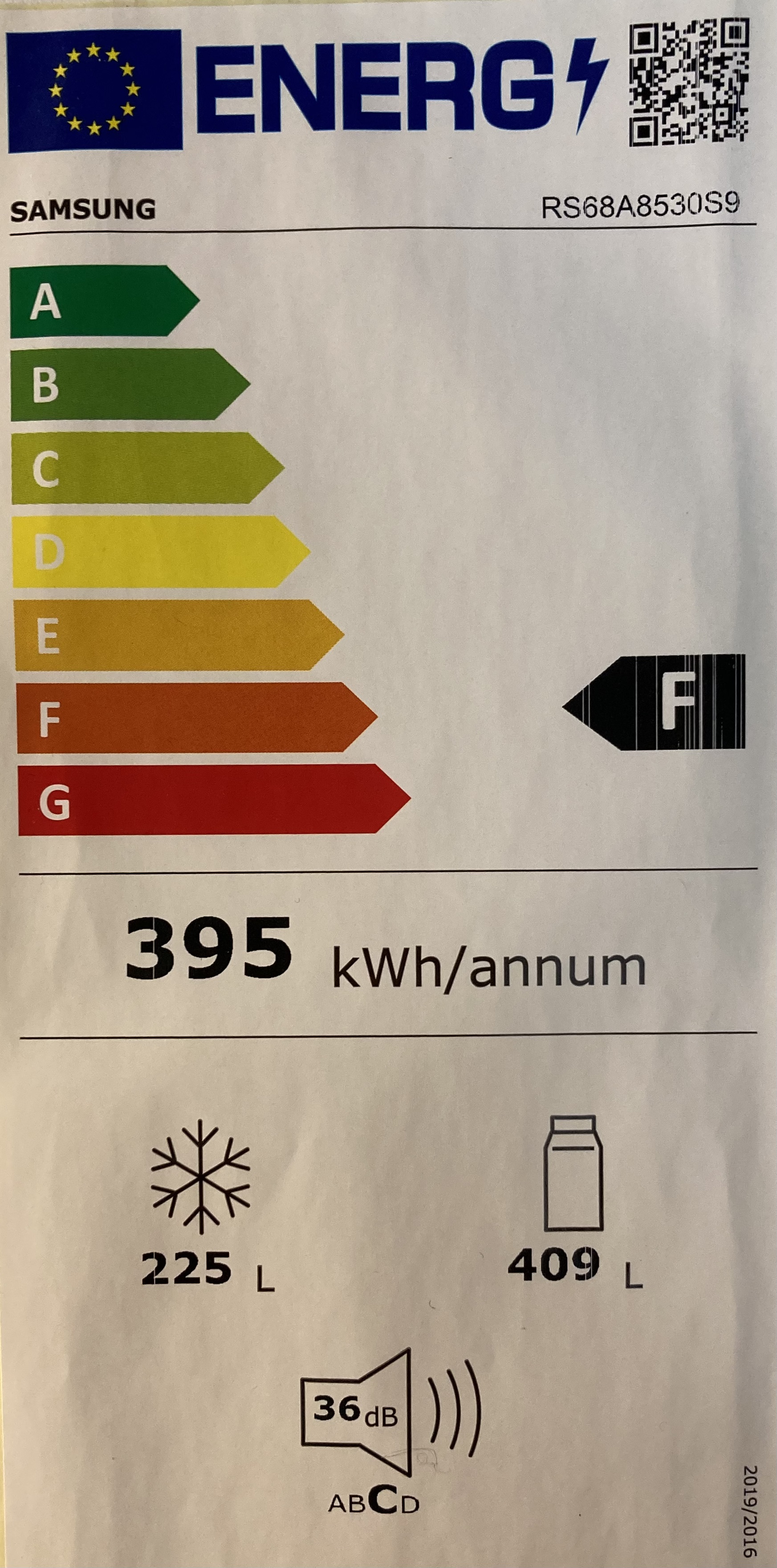 An energy efficiency sticker for a fridge