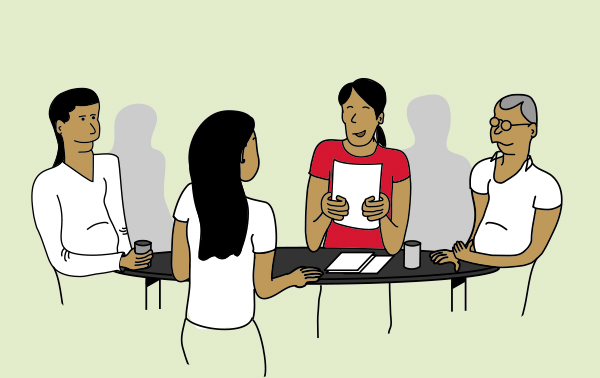 Illustration of people sat around a table talking