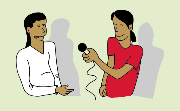 Illustration of someone interviewing another person with a microphone