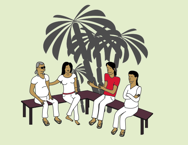 Illustration of people sat under a tree talking