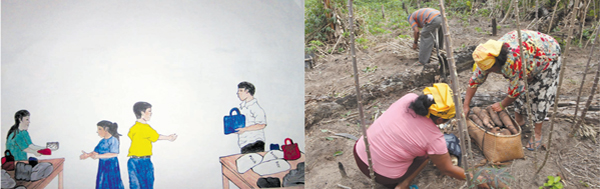 Drawing showing a community receiving food parcels and a photo showing traditional cultivation techniques