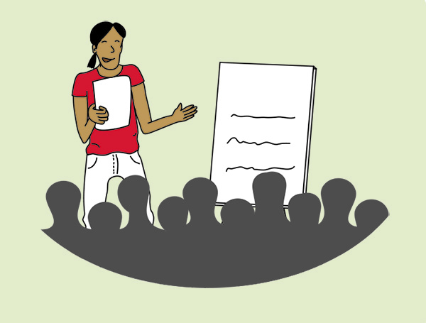 Illustration of a person with a flip chart talking to people