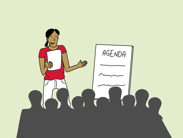 Illustration of a person with a flip chart talking to people