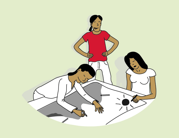 Illustration of three people working on a drawing