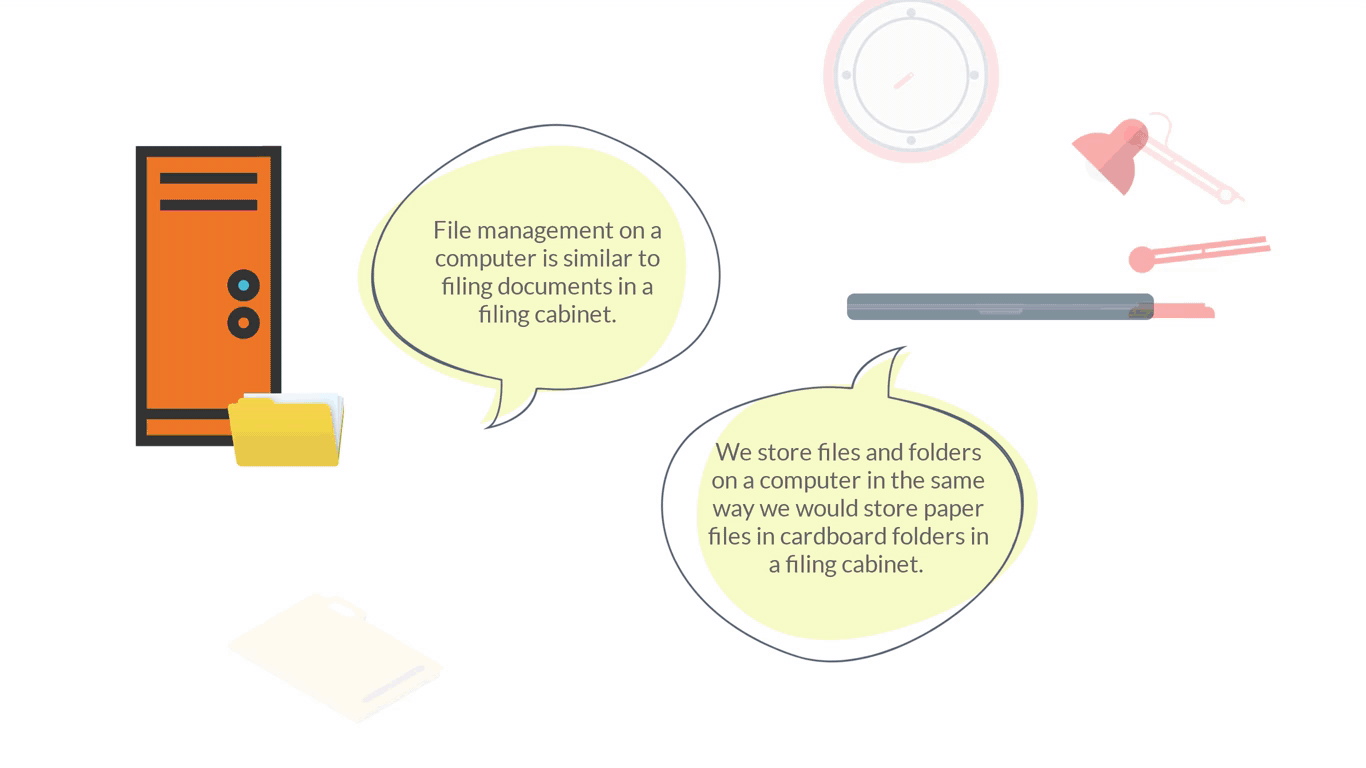 Graphic showing a desktop computer, files and folders and a laptop