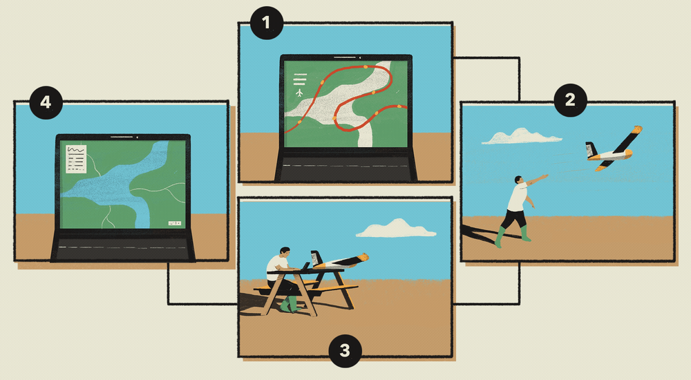 Illustration of someone programming and using a drone to collect information
