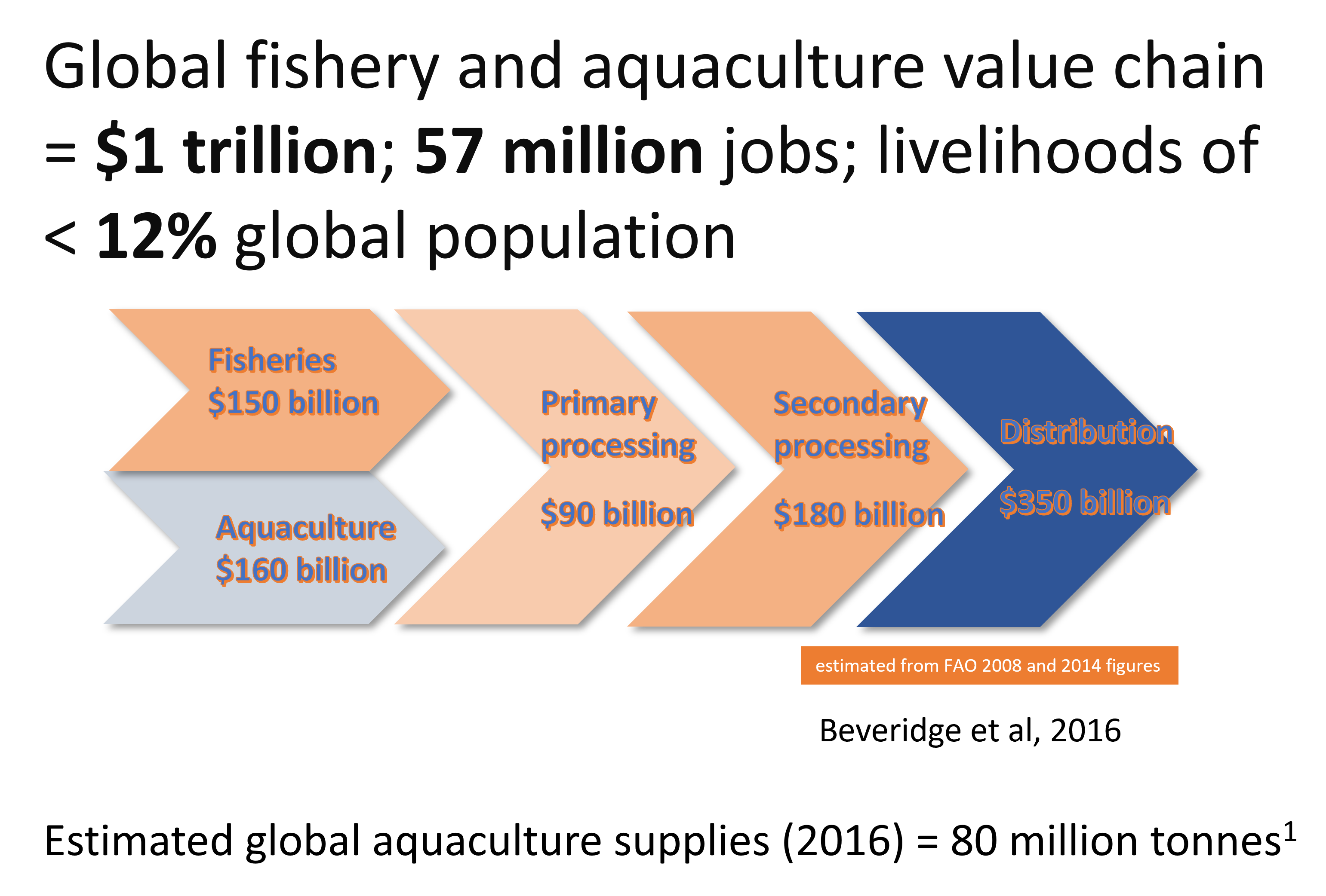 Simple arrow diagram indicating the value chain for aquaculture and capture fisheries supplies to the global market