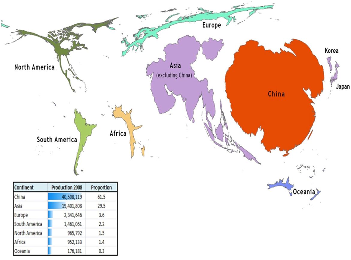 Map of the world with country sizes distorted to represent the volume of aquaculture production in 2008
