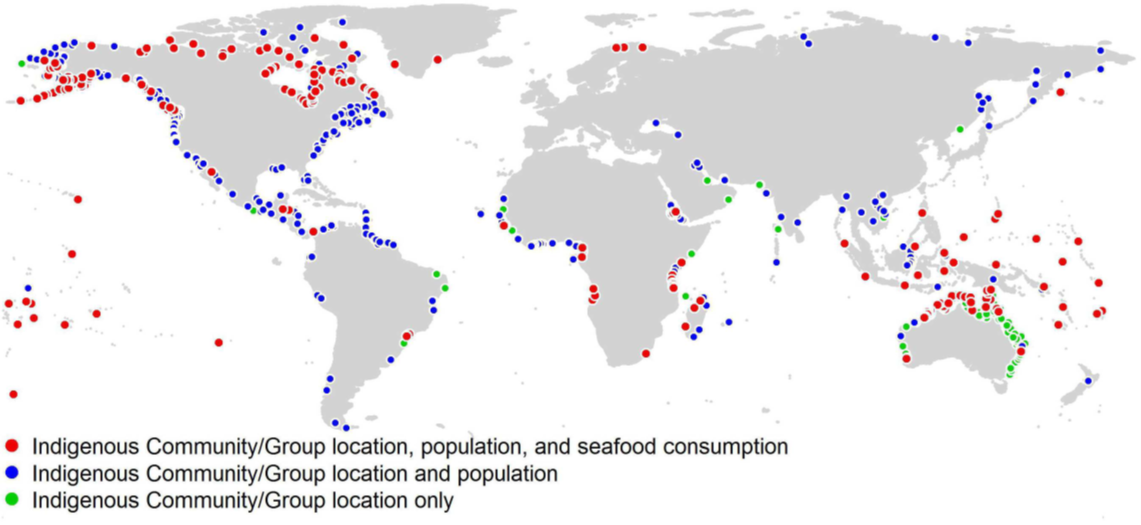 Wold map with location of indigenous coastal populations shown as coloured dots.