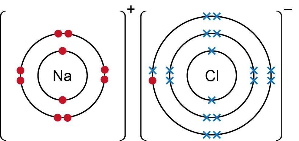 Electrons of the sodium atom are represented by red dots and electrons of the chlorine atom are represented by blue crosses.