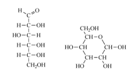 Figure 2. Structures of glucose: (a) straight chain for of glucose and (b) cyclic form of glucose.