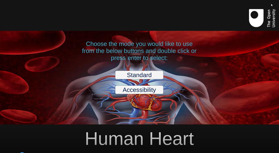 The opening screen of the Human heart application.
