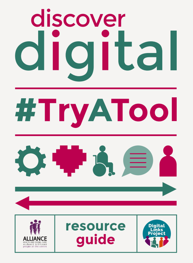Discover Digital #TryATool resource guide. Graphics include a cog, speech bubble, person in a wheel chair and a heart.