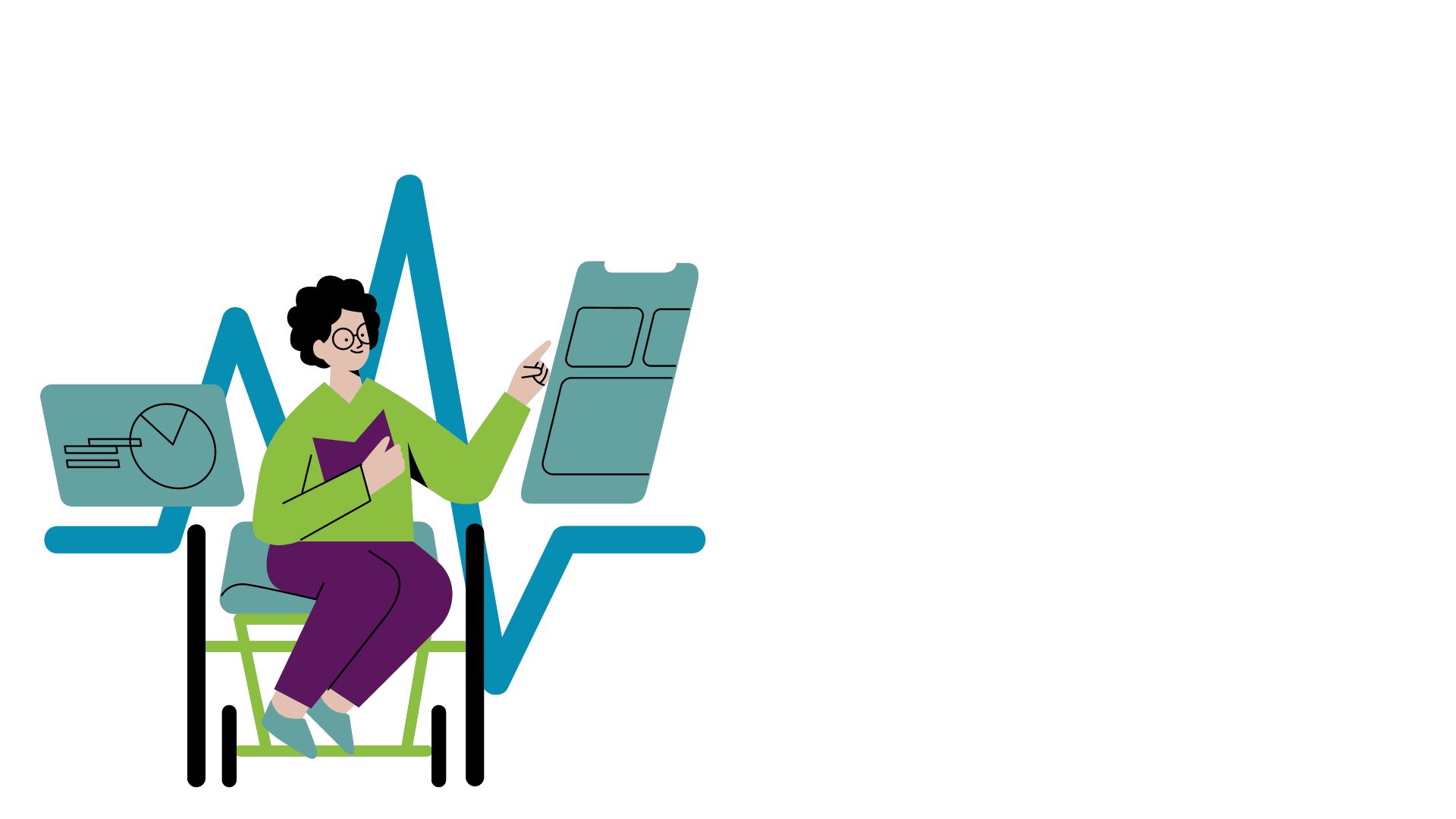 Graphic of a person sitting on a chair and pointing at graphs and diagrams. 