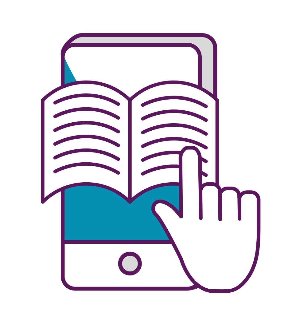 Graphic of a smartphone and a hand that is touching the screen.