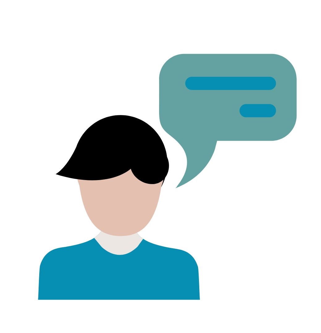 Graphic of a person and a speech bubble next to them representing them speaking. 