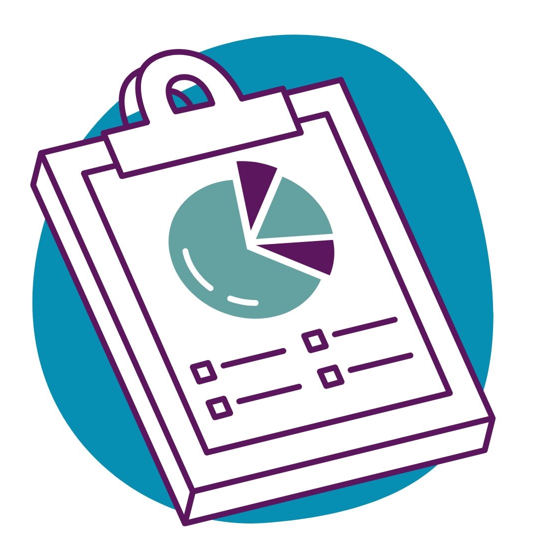 Graphic of a clipboard and a piece of paper on it with a pie chart and a few tick boxes.