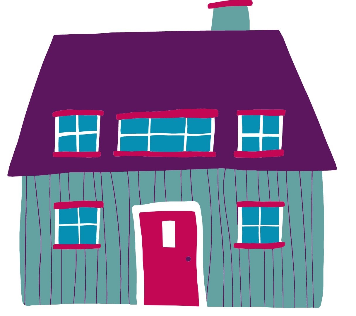 Graphic of a house with a chimney, 3 windows of the roof, a front door and two windows either side of the front door.