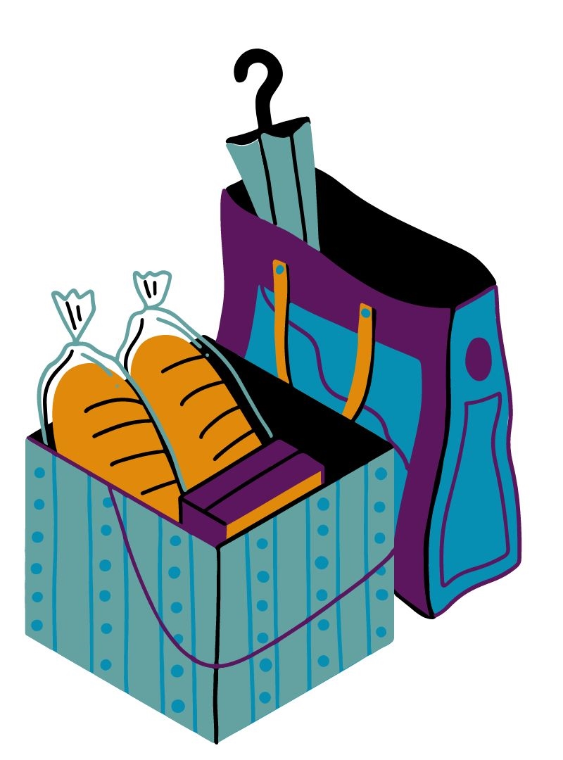 Graphic of two shopping bags. One bag has an umbrella inside it and the other has two loafs of bread and a box.