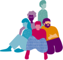 Graphic of various people sitting down together in a group.