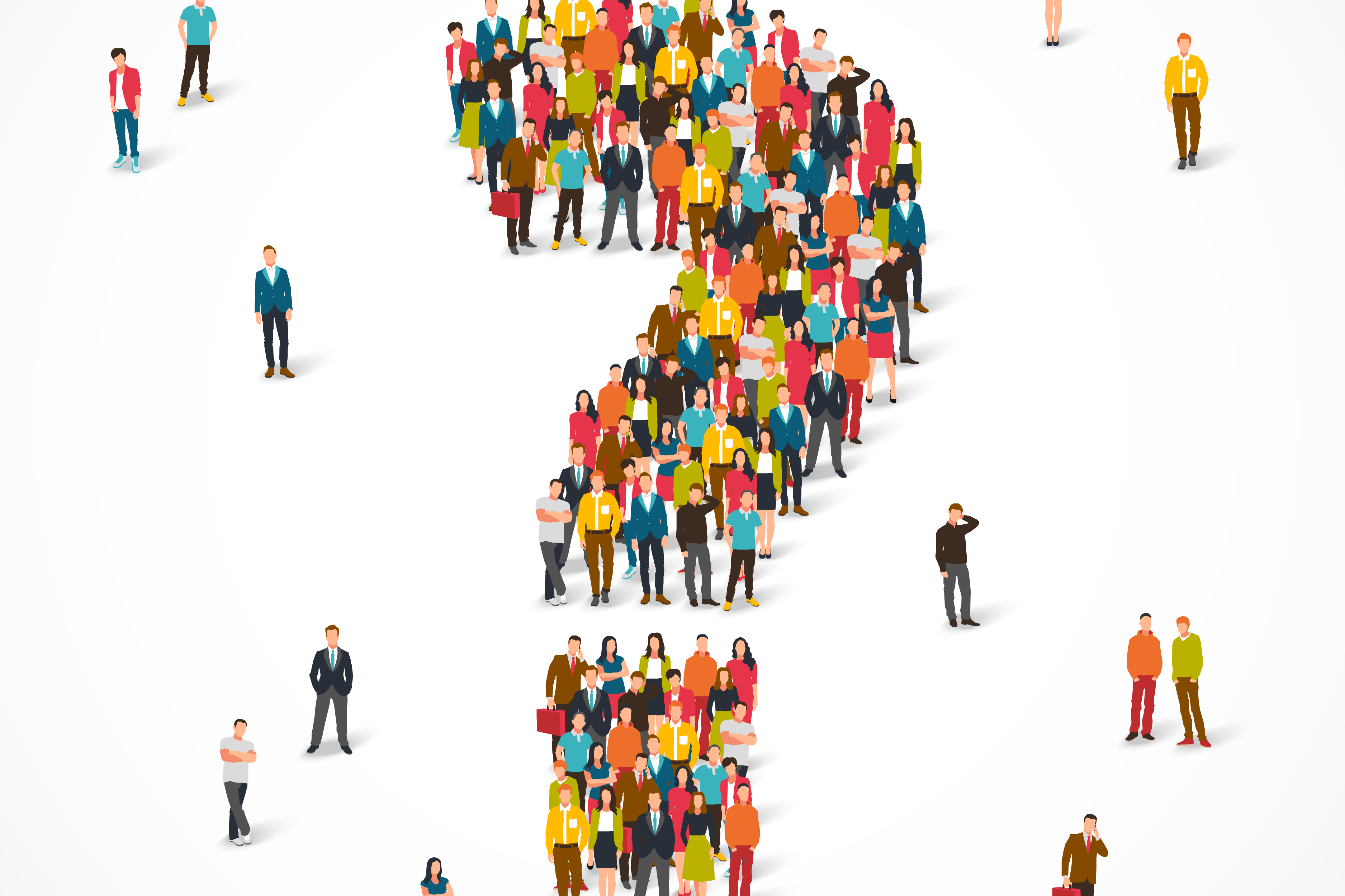 Cartoon people standing together to form a question mark.