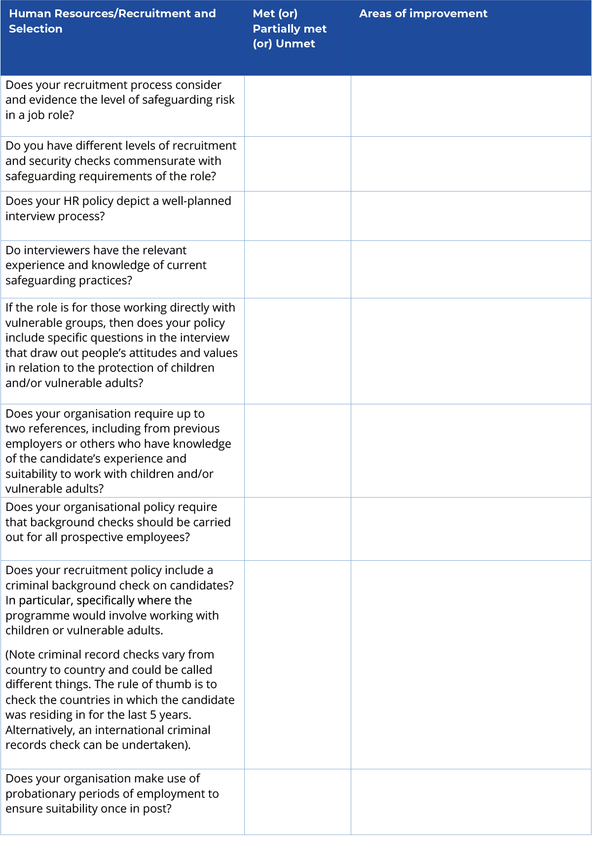 This is a table detailing the risk assessment of recruitment and selection in your organisation. There is an accessible PDF version of this table available in the downloads area.
