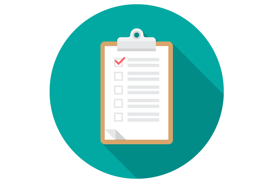 A green circle containing a clipboard. There is paper on the clipboard which has a list on and a red tick in the first box.