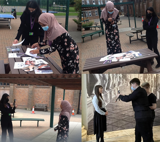 Bilder 1, 2, 3: Junge Leute in London filmen für ihr Docutube. Bild 4: Drei Schüler*innen filmen ihr Docutube in Warschau