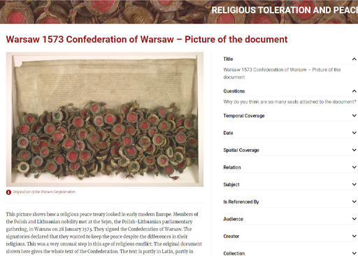 Screenshot van de RETOPEA-website met een knipsel over de 1573 Confederatie van Warschau