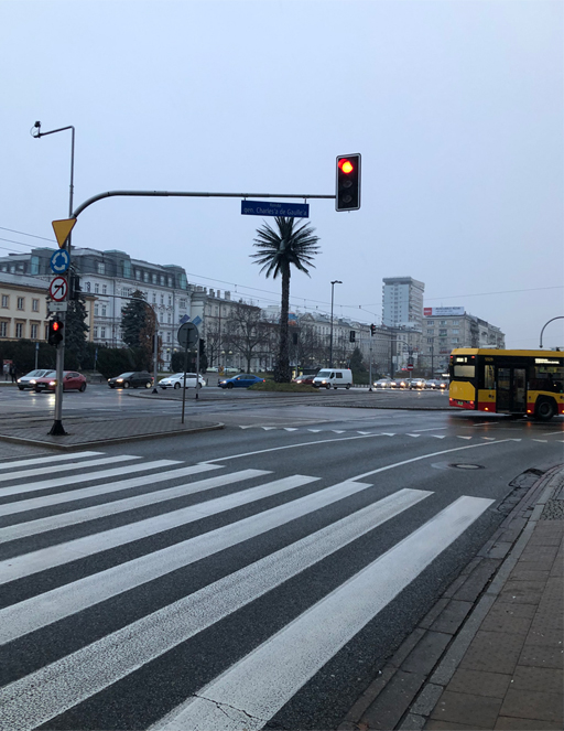 Een foto van een weg en een zebrapad in Warschau.