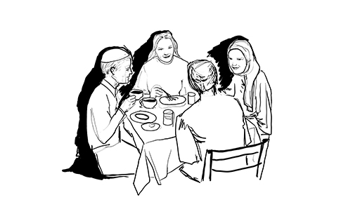 Szkic/rysunek przedstawiający cztery osoby siedzące przy stole, które jedzą i piją