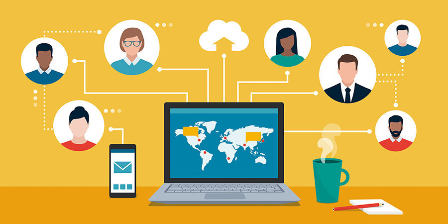 A decorative image depicting a laptop, mobile phone, coffee cup and pencil and paper on a flat surface. Linking out from these articles are lines leading to the faces of people, suggesting communication between them.